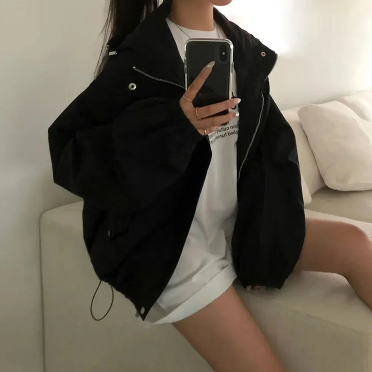 christmas outfit Sonicelife Solid Loose Hooded Jackets Women Fashion Spring Autumn Zipper Coats Safari Style Jackets Women clothing Y2k tops Emo