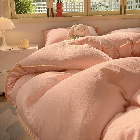 Sonicelife Ins Style Pink Solid Color Bedding Sheet Nordic Duvet Cover Set Hot Sale Home Luxury Bedding Set Bed Sheet Comfortable Bedspread