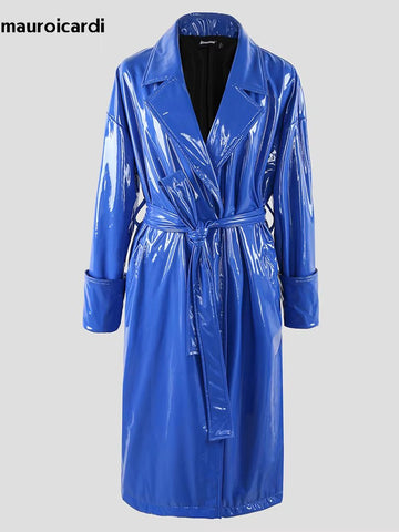 christmas outfit Sonicelife Spring Autumn Long Waterproof Oversized Shiny Reflective Soft Thin Flowy Blue PVC Leather Trench Coat for Women 2025