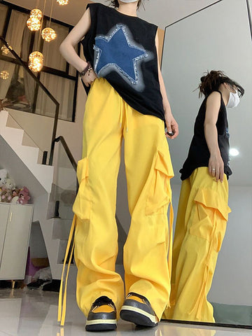 Sonicelife Causal Baggy Cargo Pants High Waist Y2K Big Pockets Streetwear Student Trousers Loose Fall Korean Solid Female Pants
