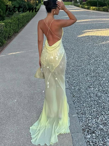 Sonicelife Sexy Sequins Backless Long Mermaid Dress Women Bodycon Halter Neck Sleeveless See Through Party Dresses 2024 Autumn Evening Gown