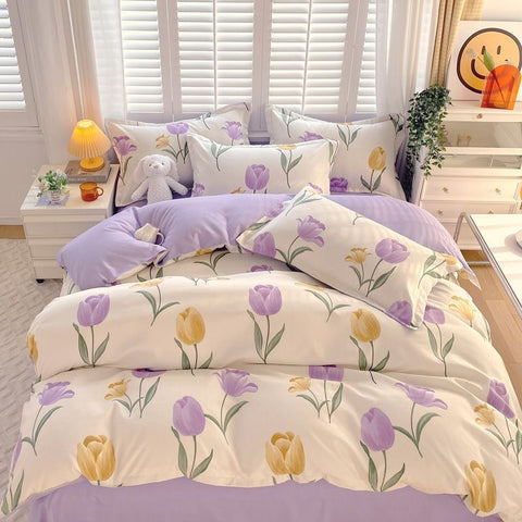 Sonicelife Ins Pink Flowers Bedding Set Flat Bed Sheet Pillowcase Twin Full Queen Size Nordic Bed Linen Women Girls Floral Duvet Cover Set