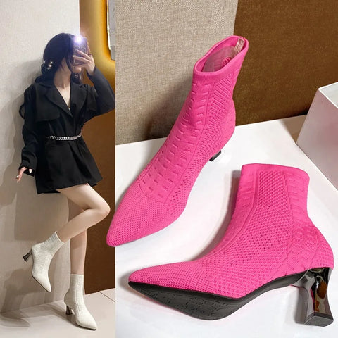 Sonicelife Women Shoes Fashion High Heels Rhinestone Ankle Boots Comfortable Slip-on Sexy Boots Shoes for Women Knitting Short Boots 2024