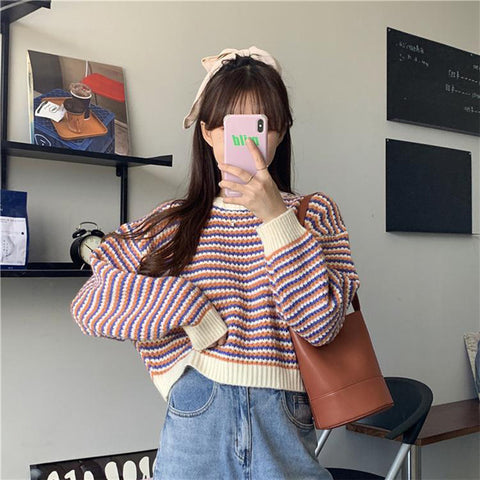 Black Friday Sonicelife Korean Striped Sweater Women Loose Lazy Fall Winter O-Neck Knitted Pullover Harajuku Sweet Pretty Style School Jumpers Tops