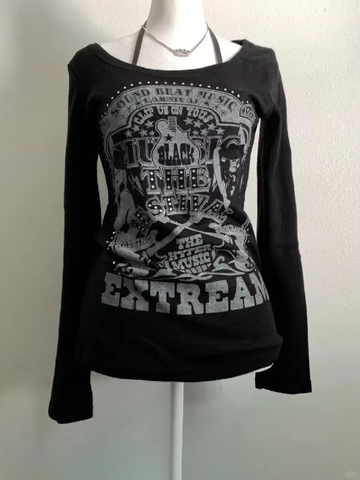 Sonicelife Gothic Vintage Print Long Sleeve T Shirts Women Clothes Harajuku Diamond Black Tees Bandage Casual Fashion T-shirt Y2k Tops New