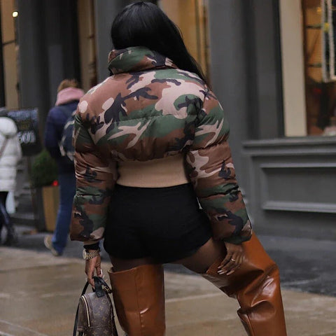 Sonicelife Fashion Street Women Camouflage Puffer Jacket Camo Puff Bubble Coats Parkas Down High Waist Stand Collar Crop Jacket Parka Retro