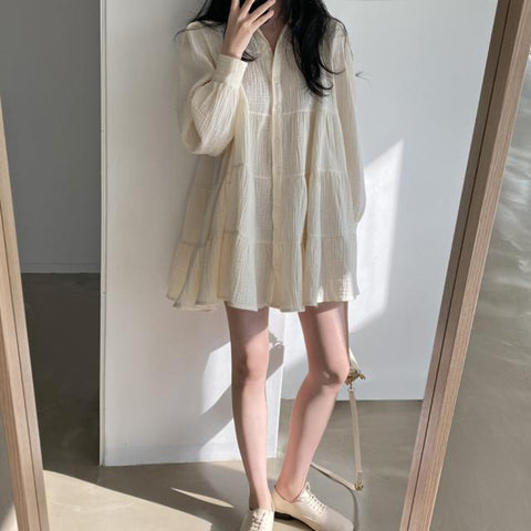 Sonicelife Korean Chic Long Sleeve Dress Women Loose Turn Down Collar Folds Simple Dress Fashion All Match Sweet Autumn Solid Vestidos