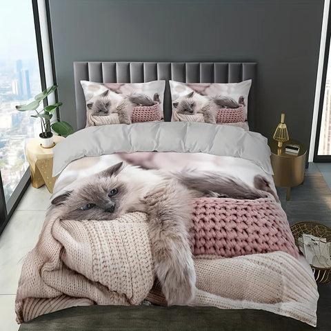 Sonicelife 3pcs Lazy Cat Animal Duvet Cover Set Soft Comfortable And Breathable HD Printing Bedding For Home Dorm