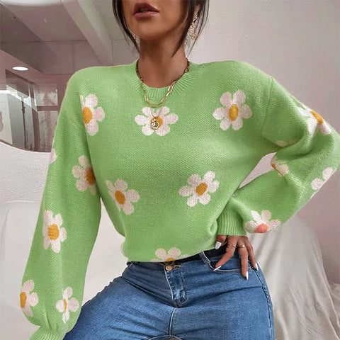 christmas outfit Sonicelife Autumn Winter New College Style Flower Knitted Coat Loose Fashion Round Neck Pullover Print Long Sleeve Sweater Women's Tops