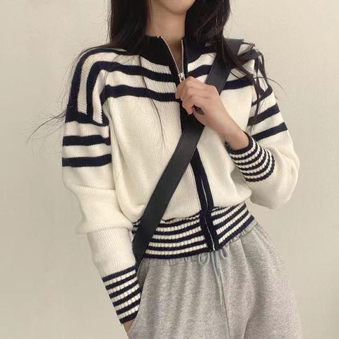 Sonicelife Vintage Striped Cropped Cardigan Women Long Sleeve Casual Korean Knitted Tops Fall Zipper Stand Collar Elegant Cardigan New