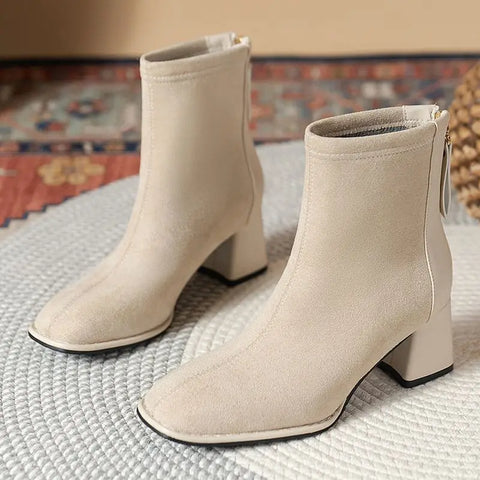 Sonicelife Fashion Thick Heel Short Boots  2025  Winter New Square Headed Suede Short Boots Women Plush Warm High Heels  Boots