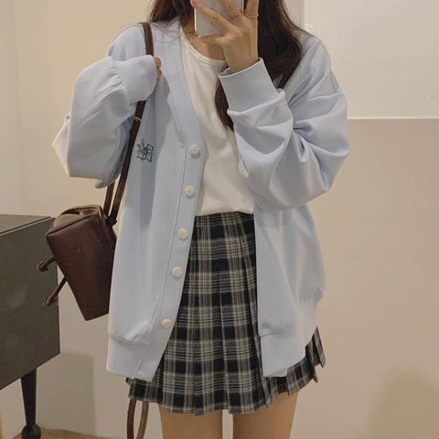 Sonicelife Sweet V Neck Coat Women Gray Chic Preppy Style Autumn Button Cardigan Jacket Korean Loose All Match Embroidered Cute Tops New