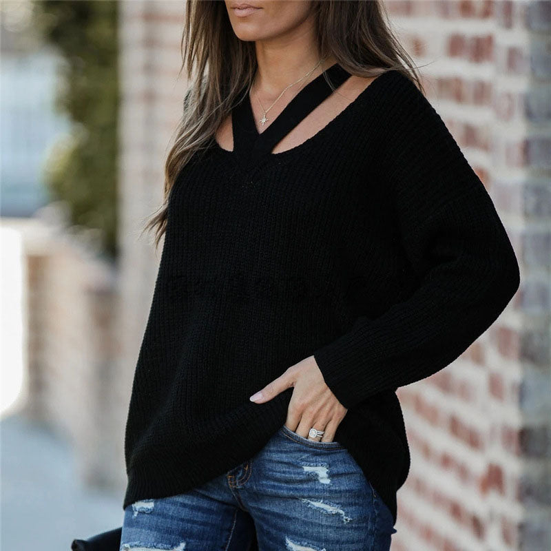 Sonicelife Hollow Out V Neck Sweaters Women Streetwear American Retro Loose Knitted Pullovers Fall Long Sleeve Oversize Casual Jumpers