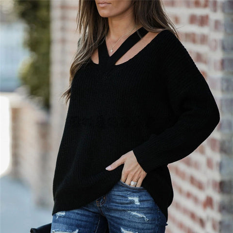Sonicelife Hollow Out V Neck Sweaters Women Streetwear American Retro Loose Knitted Pullovers Fall Long Sleeve Oversize Casual Jumpers