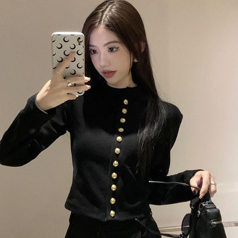 Sonicelife Black Sweet Women Crop Cardigan Korean Fashion Slim Long Sleeve Button Tops Autumn New Casual All Match Female White Blouse Top