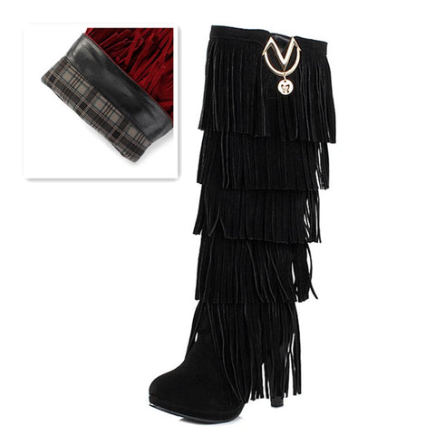 thanksgiving outfit Sonicelife size 32-43 Flock Fur Women boots High heels Knee boots Fringe Tassels Fashion Black Red ZL4150