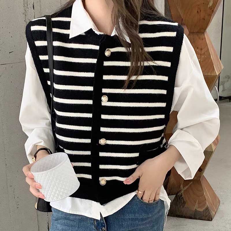 Sonicelife Vintage Striped Cardigan Vest Women Casual Harajuku Y2k Knitted Sweater Vest Fall Female Retro Korean Single Breasted Tops