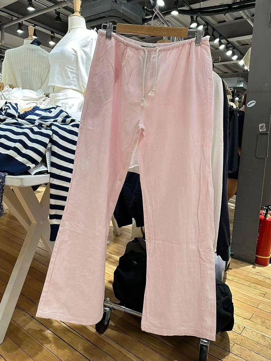 Sonicelife Sweet Pink Striped Drawstring Wide Leg Pants Women Casual High Waist Simple Streetwear Cotton Bottoms Vintage Y2K Loose Trousers