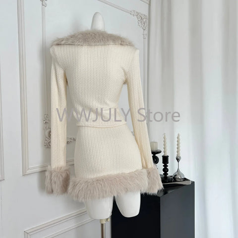 Sonicelife Fall Winter Women Old Money French Vintage Party Knit Outfits 2 Piece Set Long Sleeve Faux Fur Cardigan Top + Mini Skirts Luxury