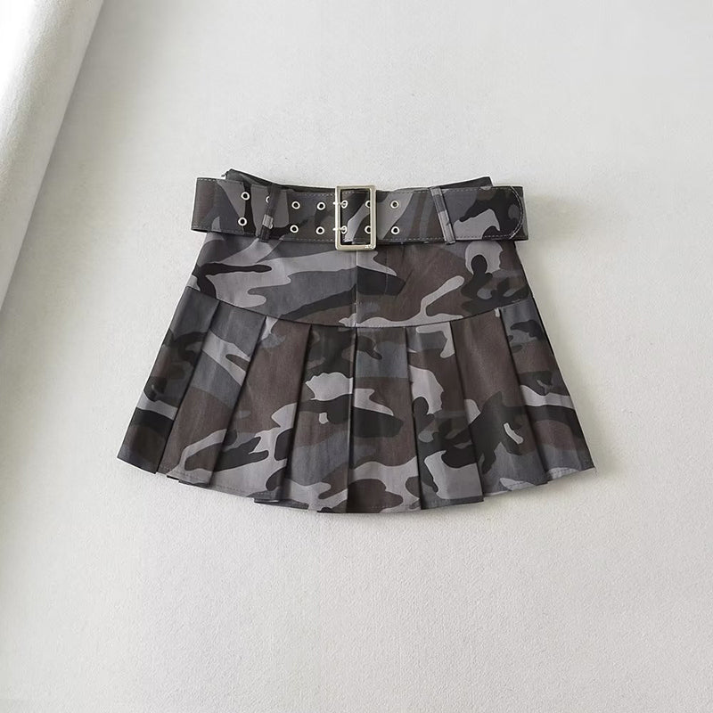 Sonicelife Summer Women Camouflage Pleated Mini Skirts Dance Lady School High Waist Belt Pink Camo Pleated Skirt Cosplay A Line Cute Skirts