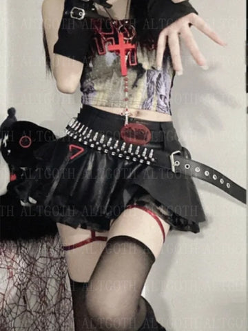 Sonicelife Emo Alt Gothic Pu Skirt Women Streetwear Harajuku Grunge Mesh Patchwork with Belt Mini Skirt Nightclub Sexy Rave Outfits