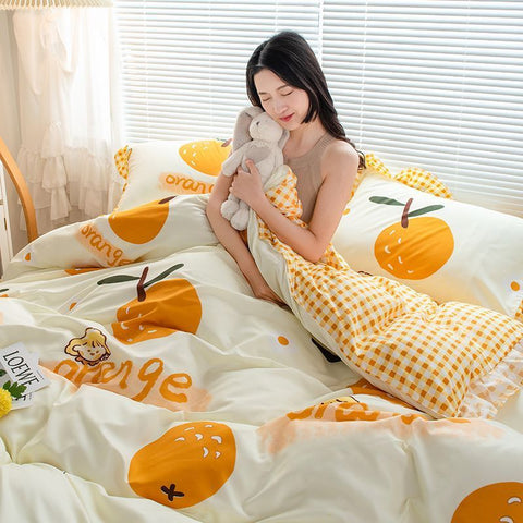 Sonicelife Cute Bear Printed Bedding Set Ins Solid Color Linen And Duvet Cover With Pillowcases Single Double Full Size For Kids Adults
