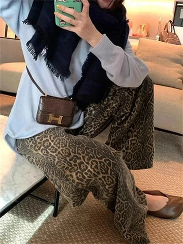 thanksgiving outfit Sonicelife Baggy Wide Leg Jeans Women Leopard Print High Waist Straight Pants 2024 Spring Summer Fashion Streetwear Y2k Retro Denim Trouser