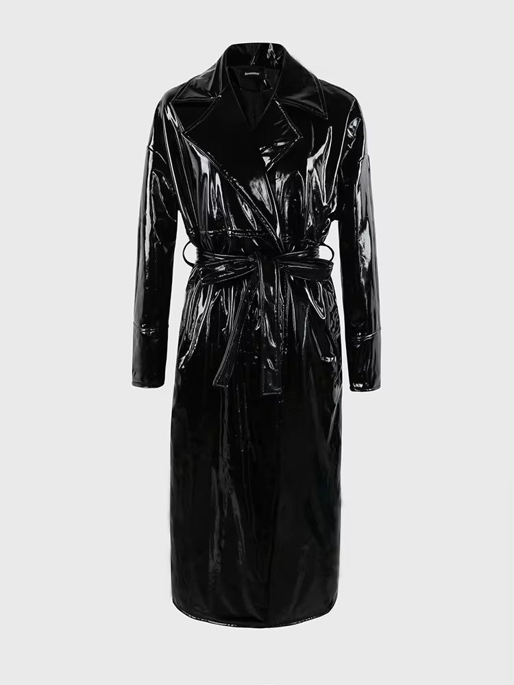 christmas outfit Sonicelife Spring Long Soft Thin Flowy Shiny Reflective PVC Trench Coat for Women Sashes Y2K Streetwear Runway European Fashion