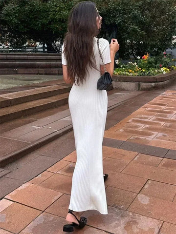 Sonicelife Ladies White Fashion Knit Summer Dress Women Short Sleeve Patchwork Elegant Party Dress Lapel High Waist Knitwear Women Dresses