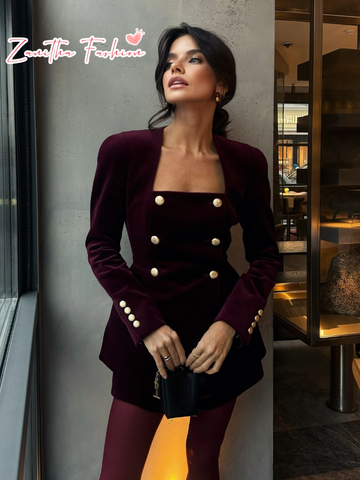 christmas outfit Sonicelife 2025 New Burgundy Women's Elegant Velvet Mini Skirt Set Chic Square Neck Metal Buttons Slim Tops Suit Lady Fashion Formal Outfit