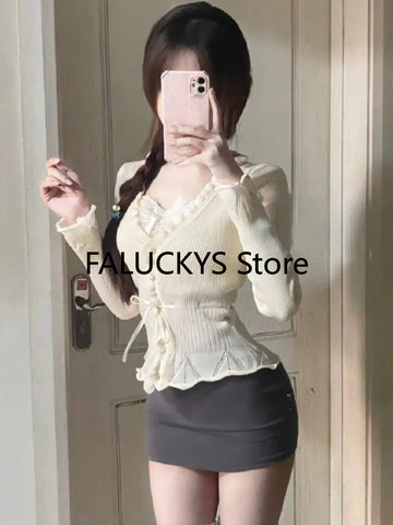 Sonicelife 2025 Autumn Elegant 2 Piece Set Office Lady Casual Outwear Mini Skirt + Women Evening Party Slim Y2k Crop Top Korean Fashion