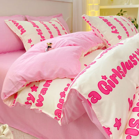 Sonicelife Princess Style Bedding Set Girls Twin Queen Full Size Duvet Cover Set Bed Flat Sheet Pillowcase Kids Adult Pink Letter Bed Linen