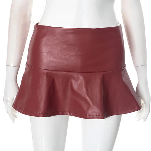 Sonicelife Sexy Women PU Leather Pleated Skirts High Waist A-line Mini Skirts Party Lady Winered Leather Umbrella Skirts Cosplay Outfits