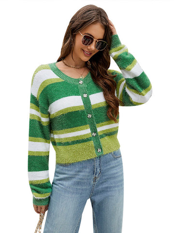 Black Friday Sonicelife Casual Imitation Mink Striped Cardigan Women Loose O-neck Single-Breasted Sweaters Female Korean Autumn Chic Street Tops