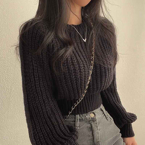 Black Friday Sonicelife Zoki Autumn Knit Short Sweaters Fashion Sexy Hollow Out Long Sleeve O Neck Solid Pullover Loose Korean All Match Crop Jumper New