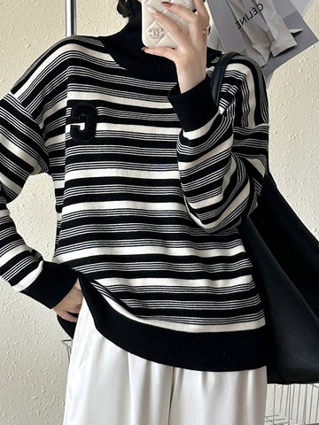 christmas outfit Sonicelife Long Sleeves Loose Contrast Color Split-Joint Striped High Neck Pullovers Sweater Tops