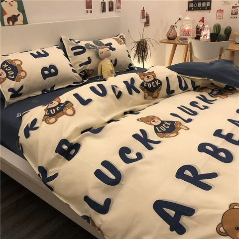 Sonicelife Ins Pink Cute Duck Cartoon Fruit Printed Bedding Set Soft Queen King Size Flat Bed Sheet Quilt Cover Pillowcase Kawaii