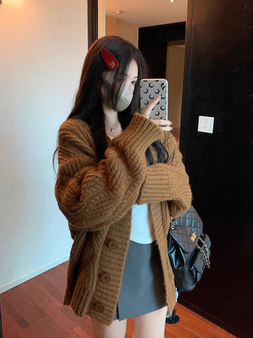 Sonicelife Lazy Wind Streetwear Cardigan Sweaters Women Oversize Long Sleeve Vintage Knitted Coat Fall Loose Korean Casual V Neck Tops