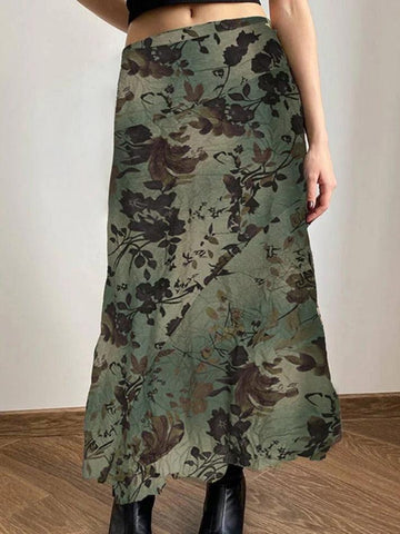 Sonicelife-Vintage Flower Print Irregular Splice Midi Skirt