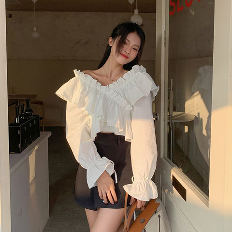Sonicelife Sexy Off Shoulder Sweet Blouse Women Korean Fashion Ruffles Elegant Cropped Shirt Fall Lace Up Design Lady Chic White Tops