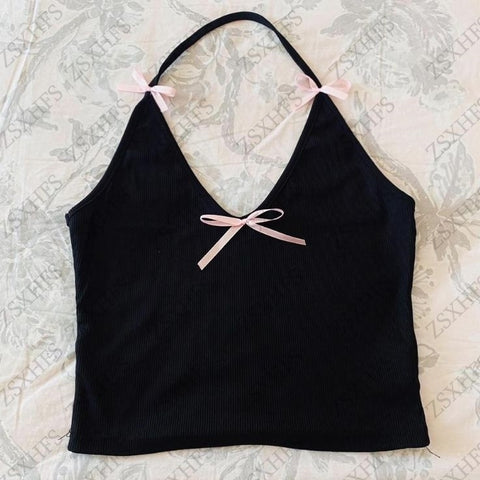 Sonicelife Camis Y2k Tops Harajuku Tank Women Clothes Vintage 2000s Aesthetic Slim Backless Sling Bow Kawaii Cute Sweet Girl Tee Crop Top