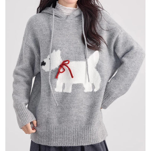 Sonicelife Dog Printed Cute Hooded Sweater Knit Women Y2k Drawstring Long Sleeve Pullover Sweater Loose Casual Hoodies Fall Winter