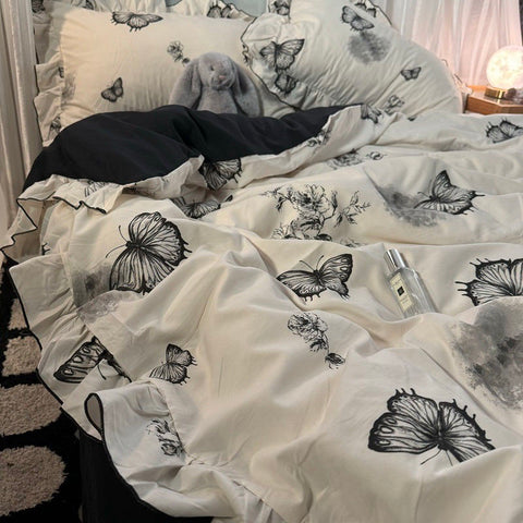 Sonicelife Korean Style Ink Butterfly Bedding Set Summer Ice Silk Cool 4pcs Bed Sheet Set Duvet Cover 2 Pillowcases For Girls