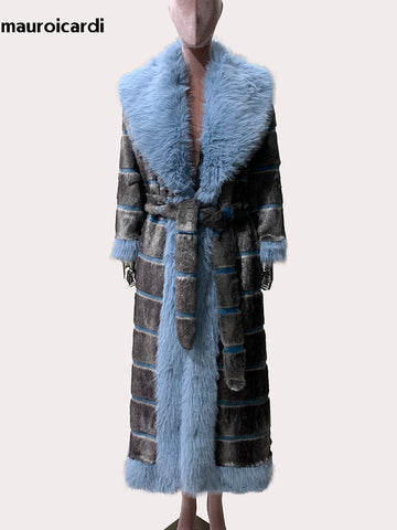 christmas outfit Sonicelife Autumn Winter Extra Long Striped Thick Warm Faux Fur Coat Women with Fur Trim Elegant Luxury Maxi Furry Overcoat