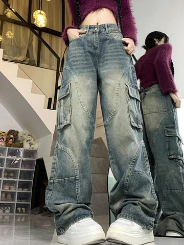 Sonicelife-Street Multi Pocket Splice Cargo Jeans
