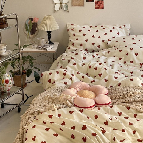 Sonicelife Korean Red Heart Bedding Set No Filler Twin Queen Duvet Cover Flat Sheet Pillowcase Girls Adults Fashion Floral Home Textile