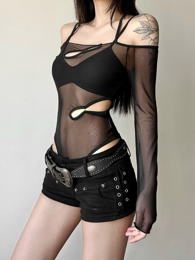 Sonicelife Sexy Emo Alt Bodysuit Women Streetwear Dark Goth See Through Hollow Out Long Sleeve Onesie Y2k Cyber Punk Indie Clothes
