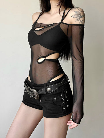 Sonicelife Sexy Emo Alt Bodysuit Women Streetwear Dark Goth See Through Hollow Out Long Sleeve Onesie Y2k Cyber Punk Indie Clothes