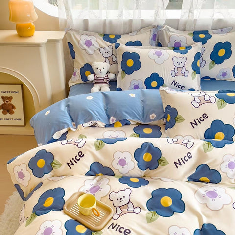 Sonicelife Cute Bear Bedding Set No Filler Ins Korean Style Duvet Cover Pillowcase 2024 New Single Full Size Kids Adult Soft Bed Linen