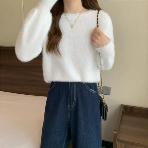 Black Friday Sonicelife Autumn Winter Knitted Sweater Women Fashion Korean Hairy Loose Long Sleeve All Match Pullover Sweaters Solid O Neck Warm Jumper